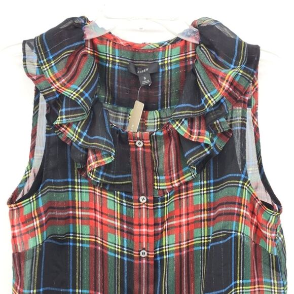 J Crew Sleeveless Ruffle Collar Top Womens Small Black Stewart Tartan Plaid - Picture 3 of 12